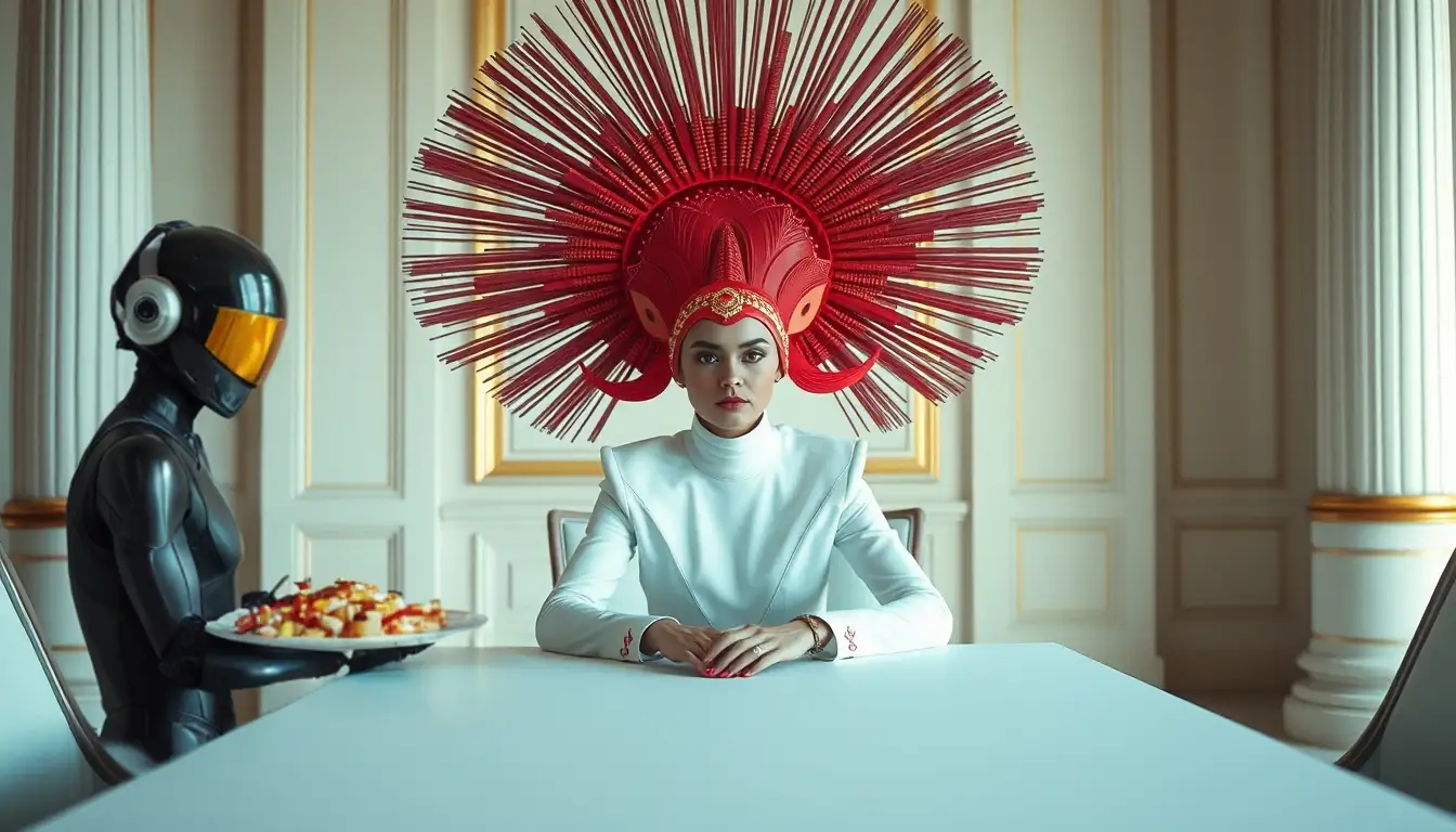 A surreal scene: woman with a weird hat and a robot at a table