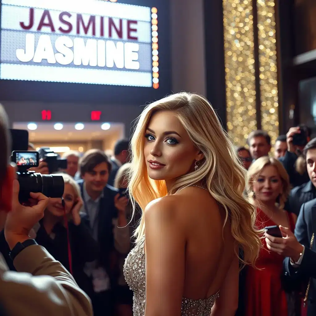 A beautiful female celebrity surrounded by reporters